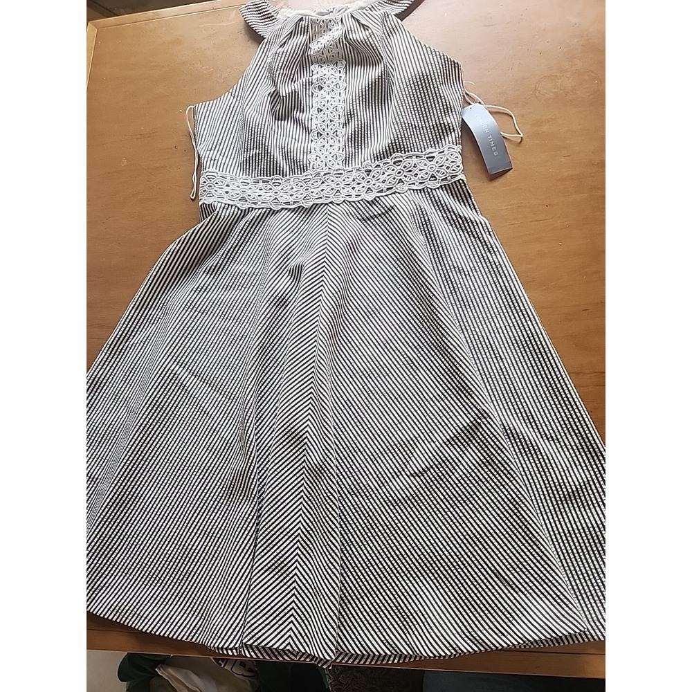 London Times Gray White Striped Sleeveless Lace Trim Dress Size 10 NWT